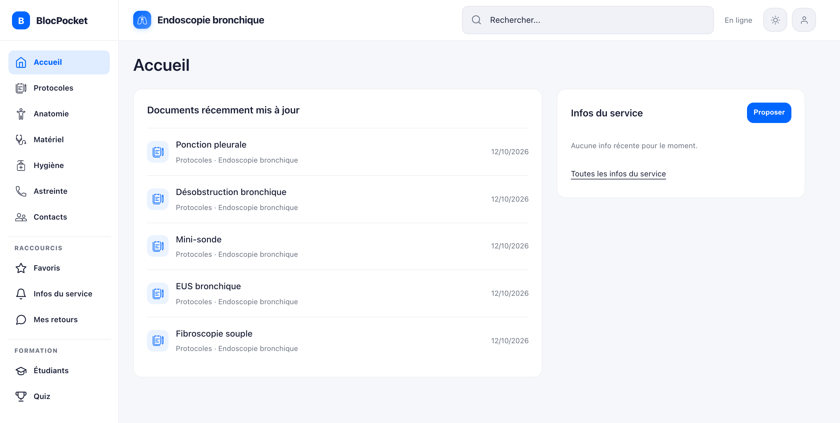 Accueil réel de BlocPocket sur ordinateur, avec les ressources et les infos du service.