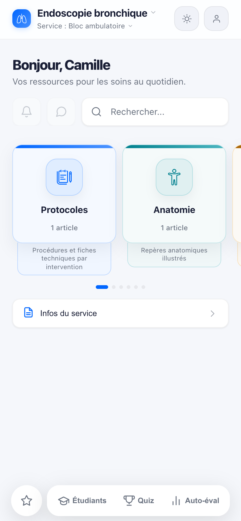 Accueil réel de BlocPocket, Endoscopie bronchique dans le Bloc ambulatoire, profil fictif.